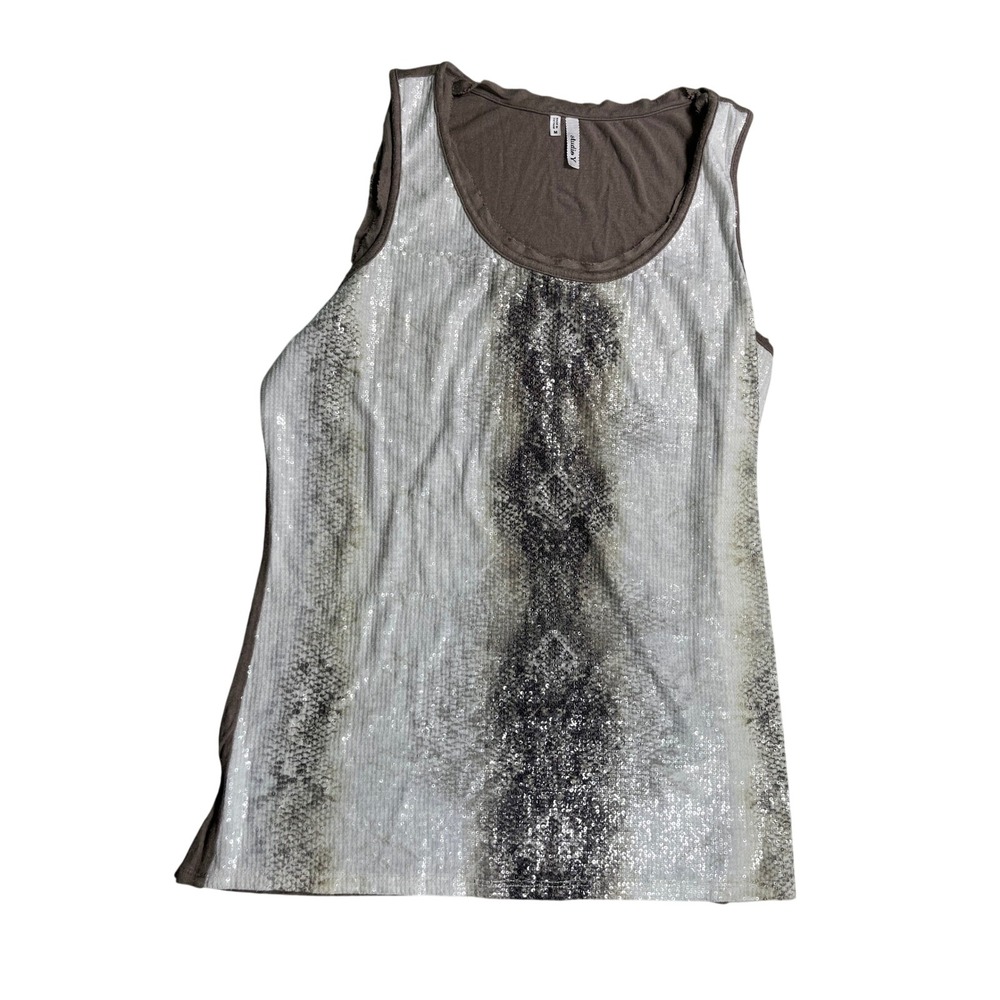 Studio Y Women's Medium Sleeveless Sequin Top Taupe White Animal Print Sparkle